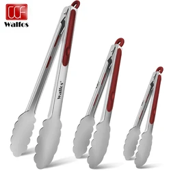 Walfos 1 Piece Red Stainless Steel Kitchen Tongs Food Grade for Cooking Grabbing Objects Duty Locking Non-Slip Grip BBQ Tools