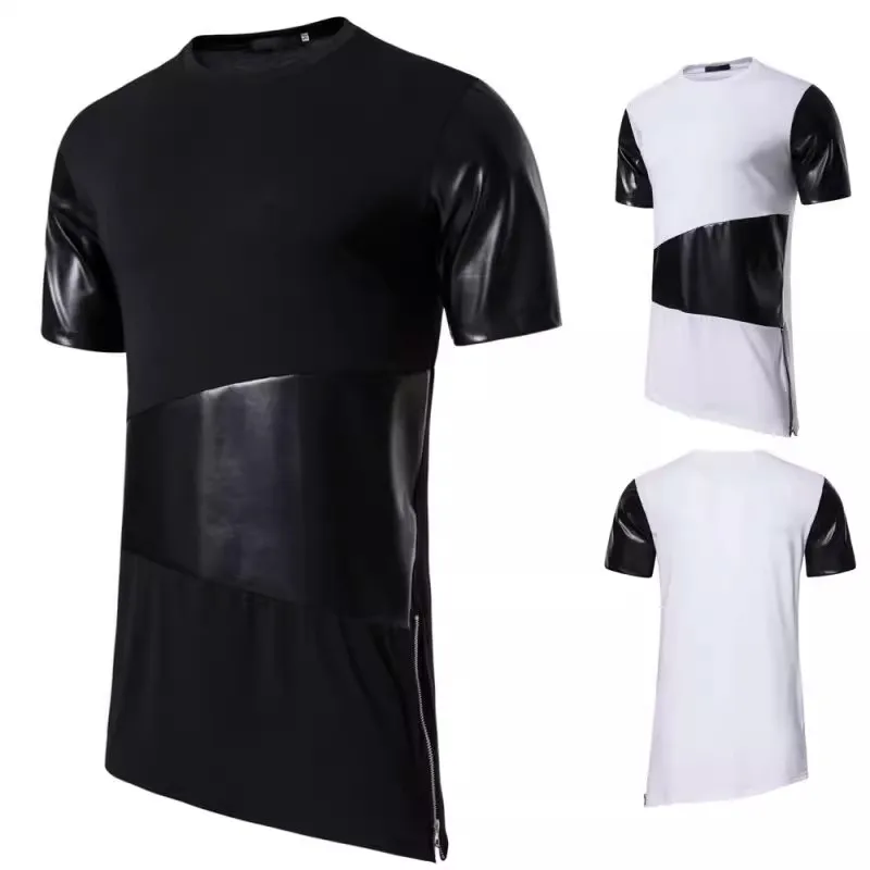 PU Leather Patchwork Side Zipper T Shirts for Men Summer Steampunk Casual Hip Hop Longline Streetwear Mens Camisetas Tops Tee