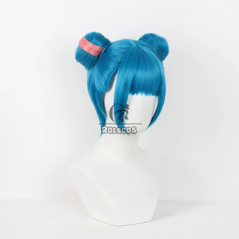 ROLECOS Spiel LOL Arcane 2 Jinx Double Bun Cosplay Perücken Arcane Jinx 30 cm kurze blaue gemischte rosa Perücke hitzebeständiges Kunsthaar