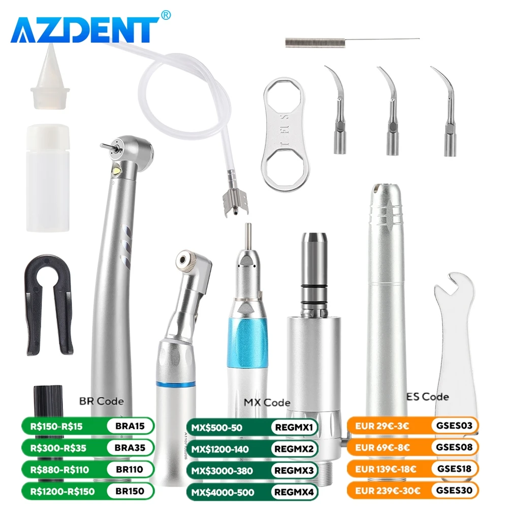 Dental LED High Low Speed Handpiece Air Scaler Kit AZDENT 1:1 Latch Contra Angle 2/4 Holes Set Narzędzia stomatologiczne dla dentystów