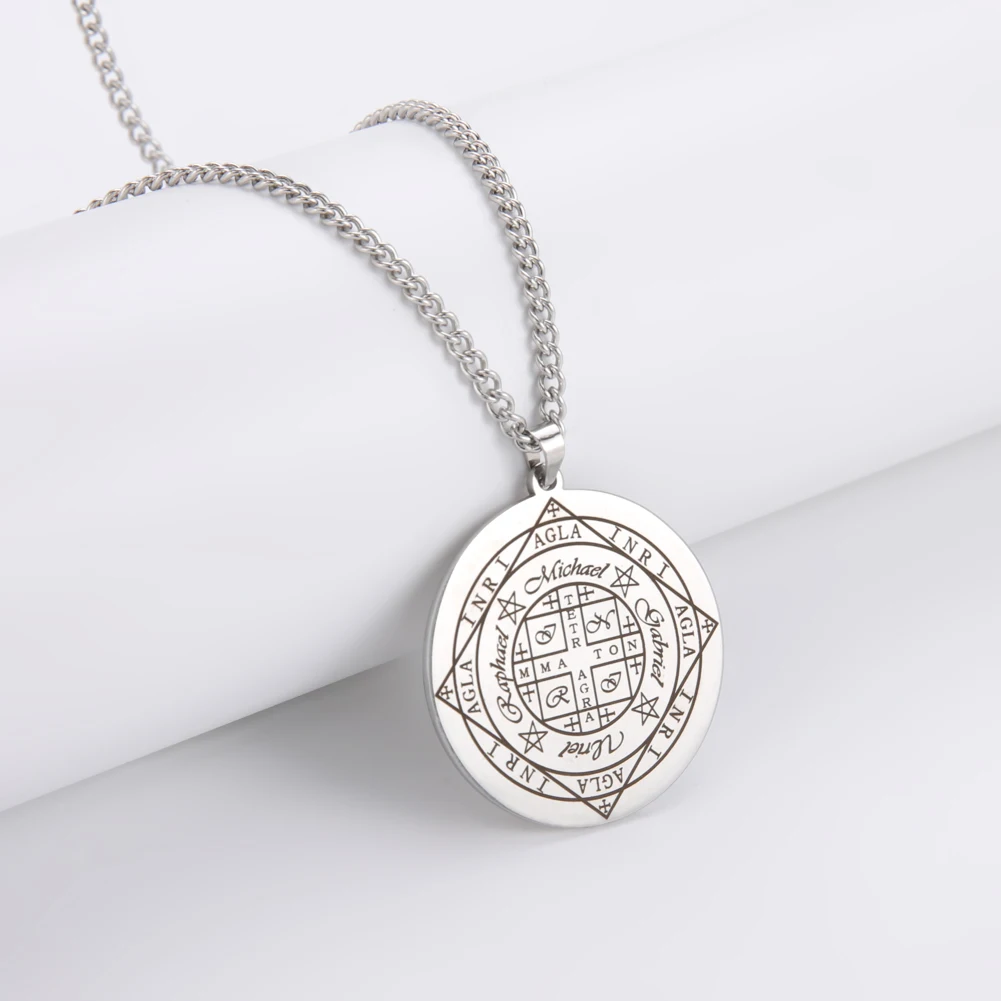 Solomon Seal Wheel of Fortune (AGLA) and Protection of The Archangels Pendants Necklace Stainless Steel Talisman