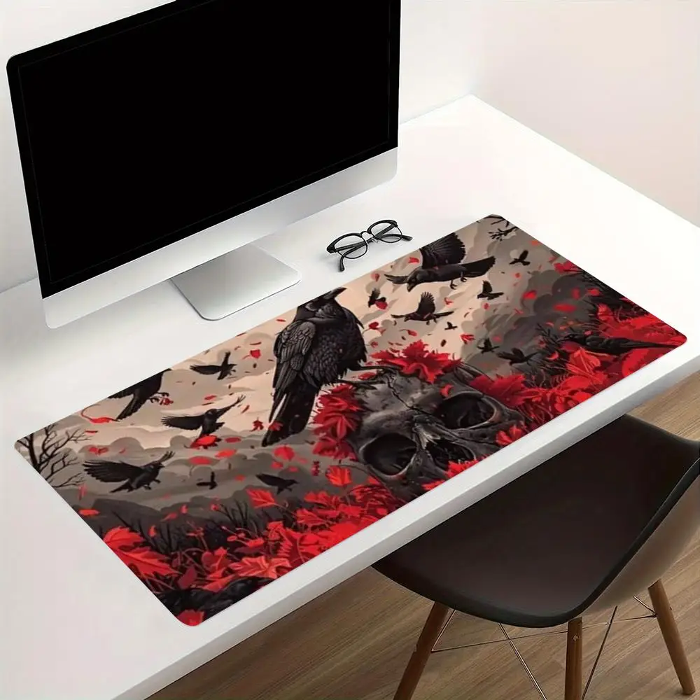 Dark Gothic Raven Skull Extended Gaming Mouse Pad Non Slip Desk Surface Mystic Night Horror Skeleton Print For Gaming And Office