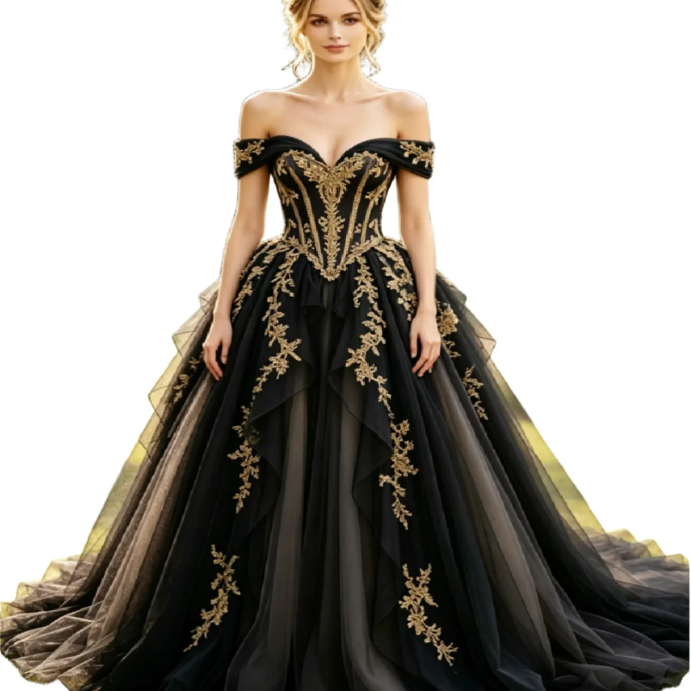 Dark Romantic Black Gothic Wedding Dress With Gold Appliques Vintage Spaghetti Straps A Line Tulle Tiered Bridal Gown Halloween