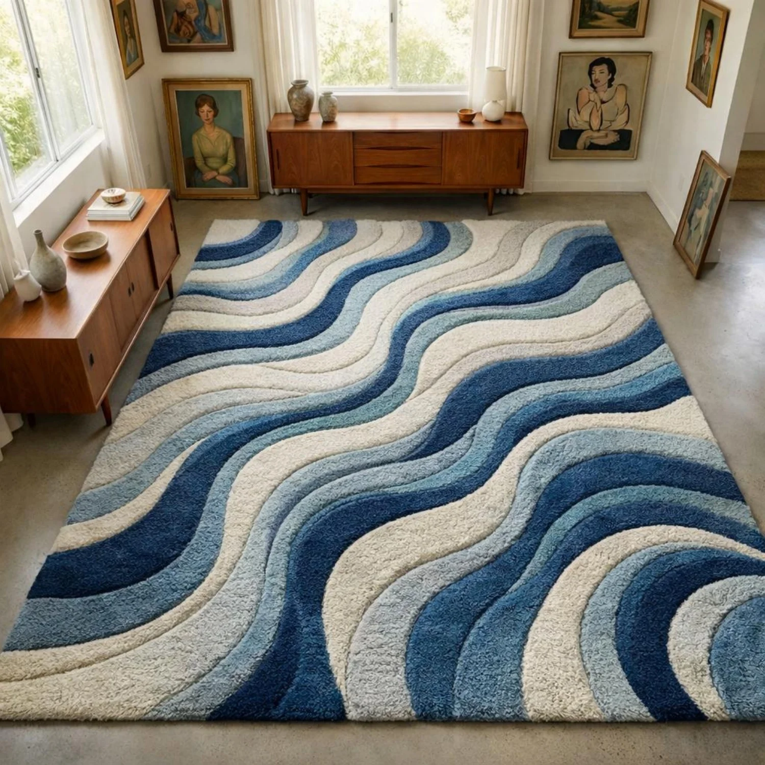 Room Decor Rug  Blue Wave Rug, Modern Abstract Area Rug, Tufted Shag Carpet, Navy Cream Living Room Rug, Wavy Pattern Bedroom Rug, Scandinavian Home DE1cor