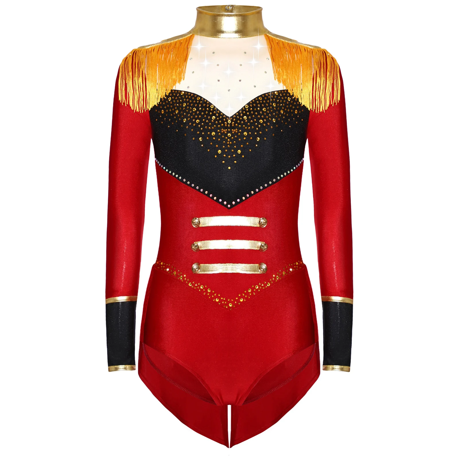 

Girls Clown Roleplay Costume Shiny Patchwork Jumpsuit Mock Neck Back Cut Design with Crotch Buttons for Halloween Cosplayy