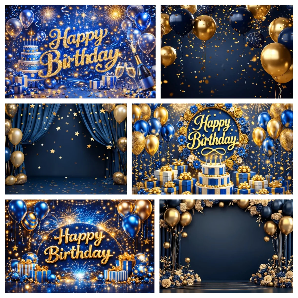 

Shiny Gold Blue Birthday Party Decoration Noble Elegant Flower Balloon Star Booth Poster Photography Background Adult Kid Gift