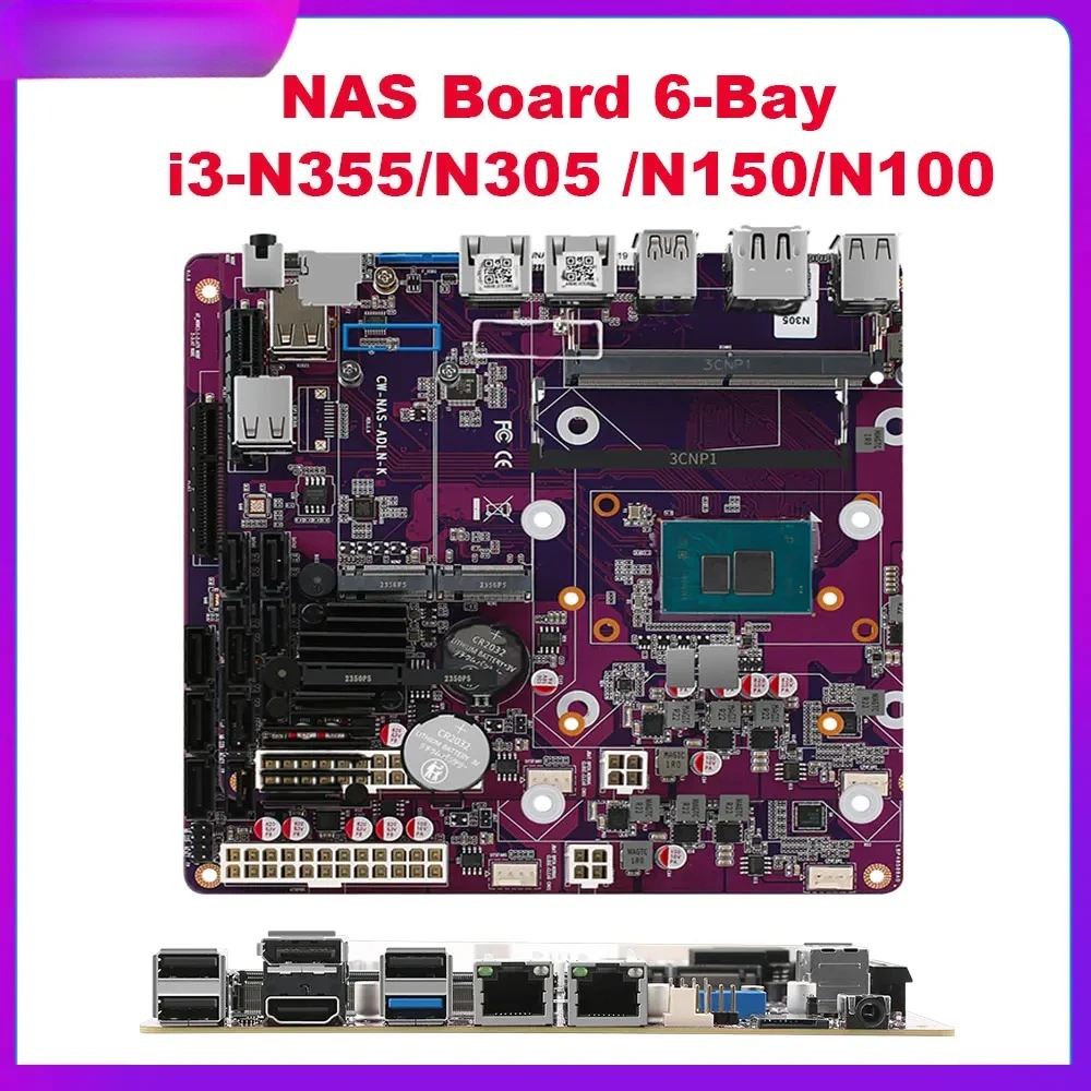 6베이 신형 미니 ITX NAS 메인보드 i3-N355 N150 1*PCIEx4 2*Intel i226-V 2.5G 2*M.2 NVMe 6*SATA3.0 1*DDR5 방화벽 라우터