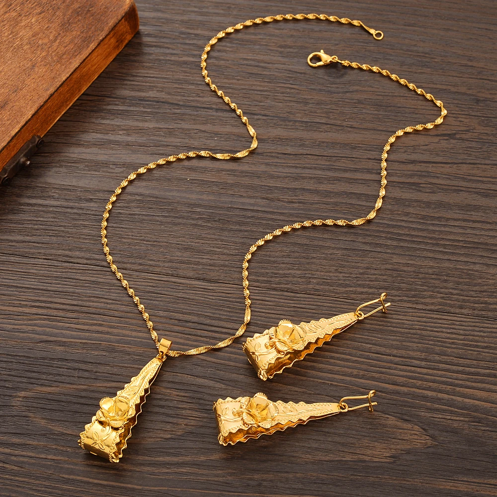 Trinidad Gold Color Hisbicus Necklace Earring Women Party Gift Charms Girls Kid Jewelry Sets