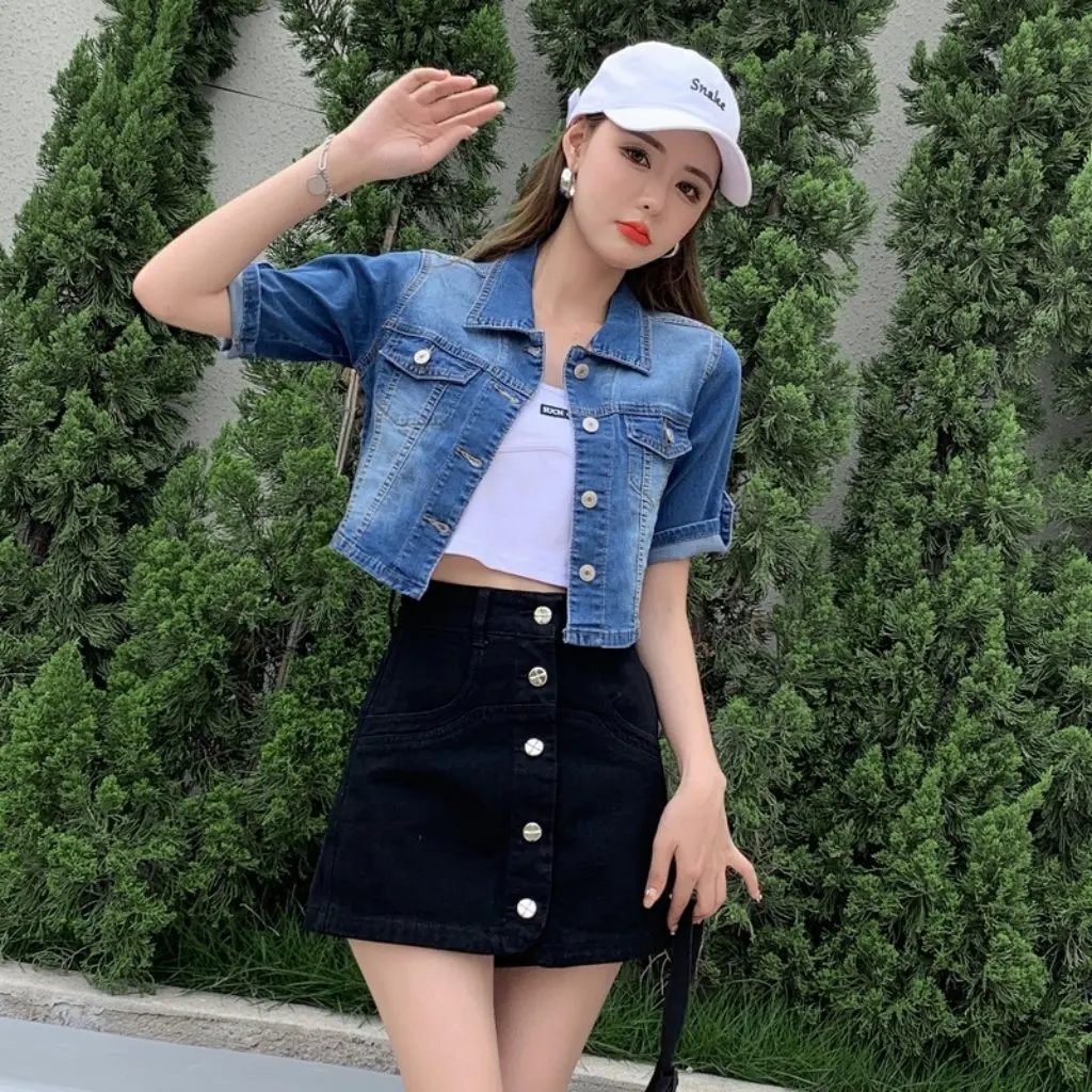 

Женская короткая джинсовая куртка в корейском стиле, свободный топ, универсальная весенняя новая повседневная рубашка