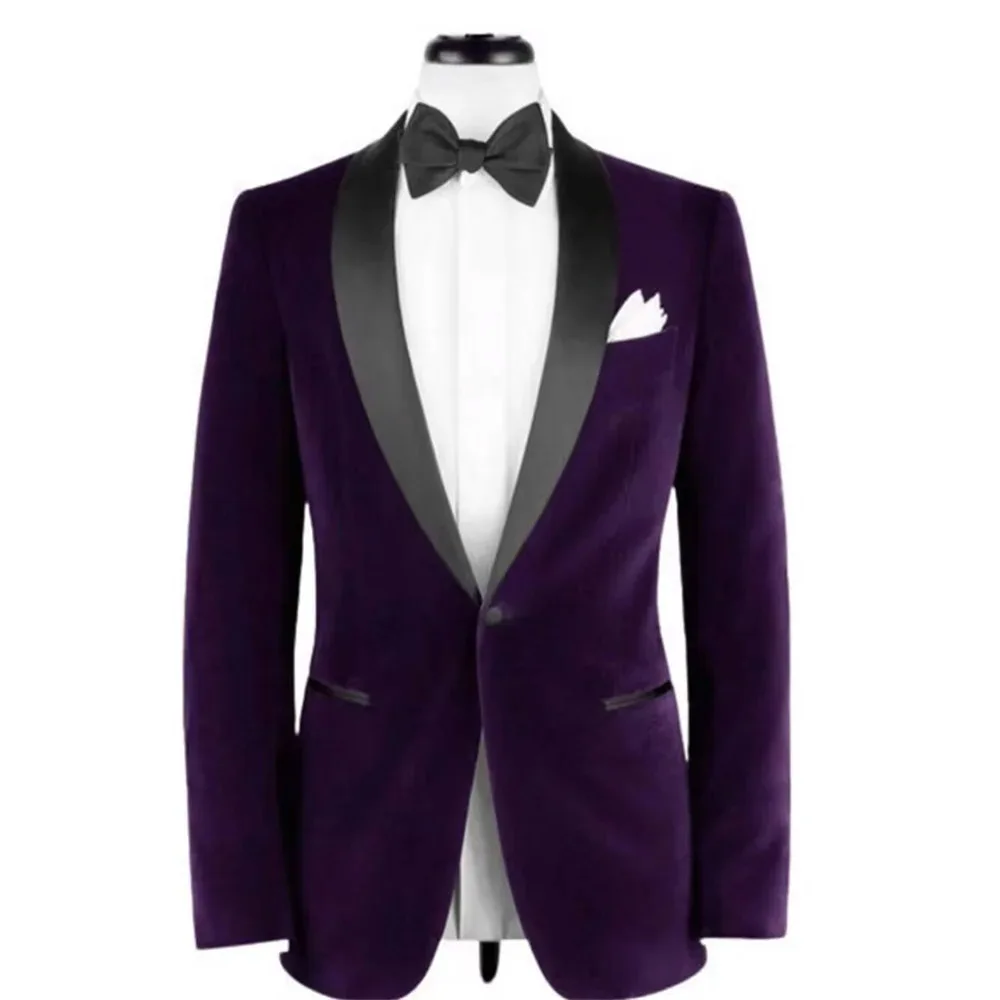 Casual Men\'s Suits Purple Blazer One Piece Black Shawl Lapel One Button Slim Fit Velvet Smoking Jacket Prom Party Clothing 2024