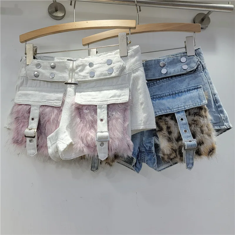 Denim Shorts Women Heavy Industry Hot Girl Splicing Plush Personality Fashion Three-dimensional Big Pocket Three-point Hot Pants