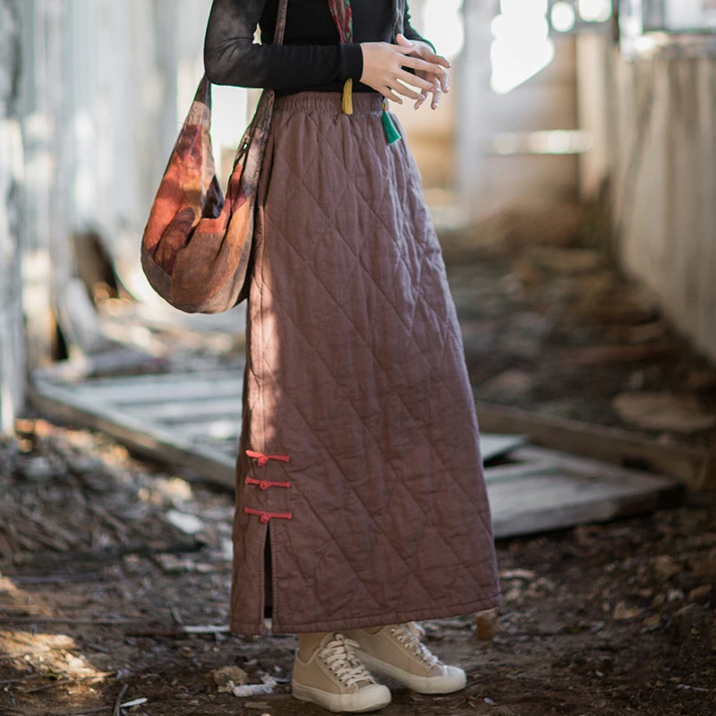 厚手の暖かい綿麻カジュアルスカート レディース 新作 2025 秋 ヴィンテージスタイル 無地 女性用 キルティングロングスカート M2076