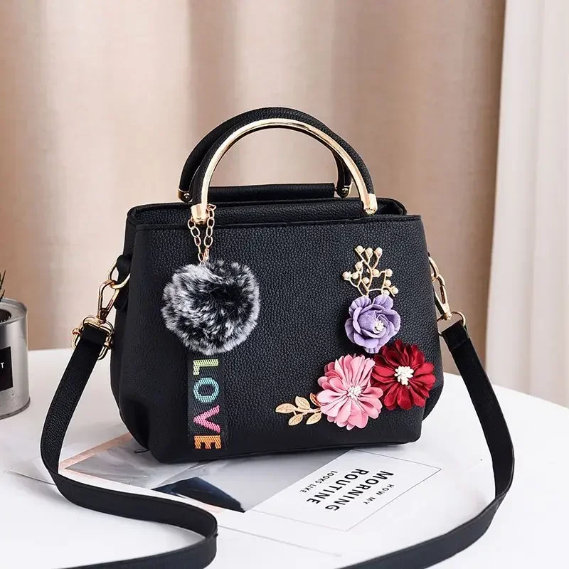 Bolsa tote chique com decoração de flores 3D, bolsa crossbody única de couro elegante para bolsa de ombro feminina, bolsa pequena com alça superior