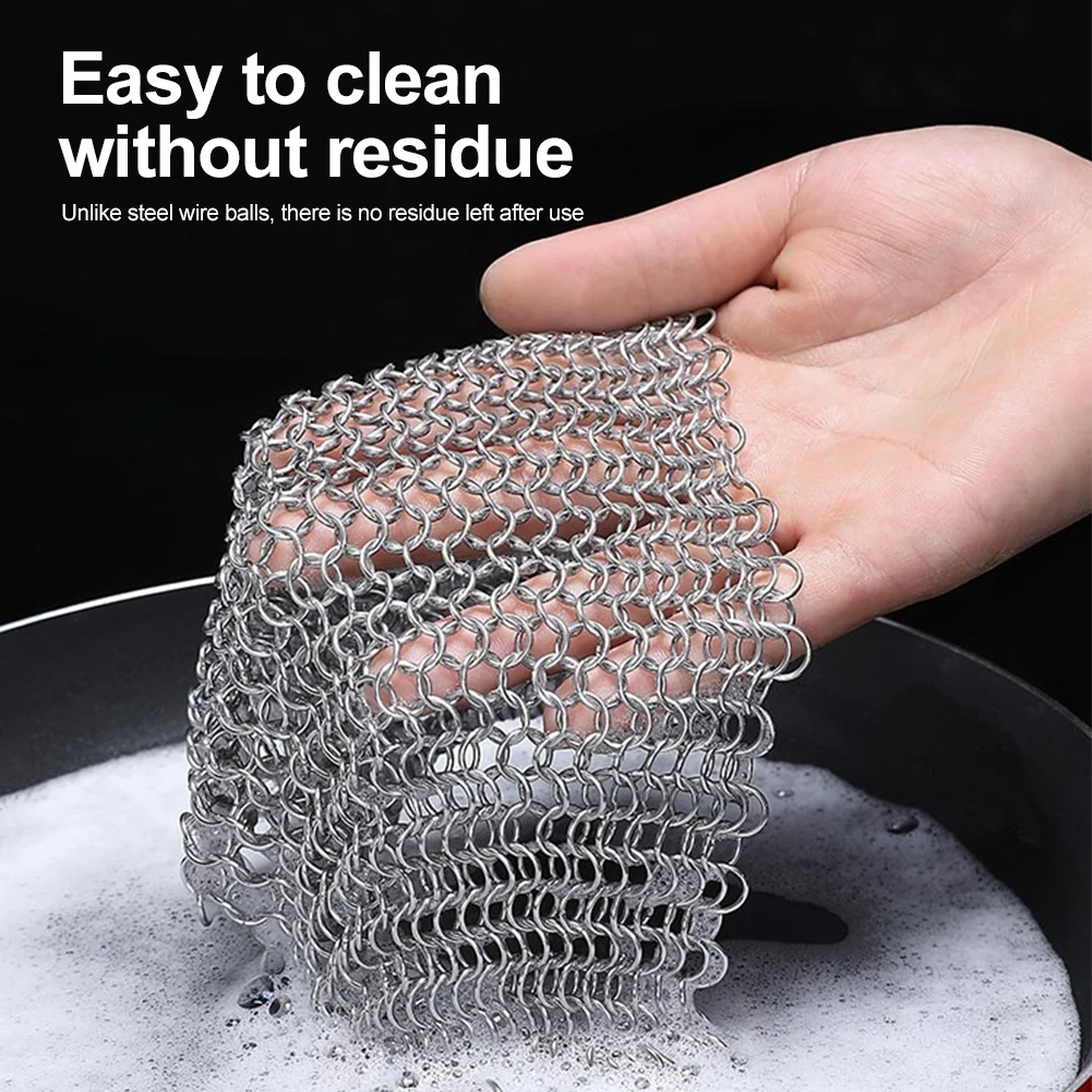 5-8 Inches Cast Iron Cleaner Chain Mail Scrubber Brush Pan Net  with Hanging Ring Stainless Steel Home Cookware Kitchen Tool