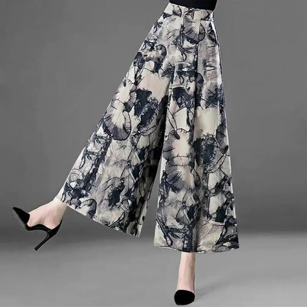 

Women Skirt Pants Retro Print Wide Leg Lady Pants Elastic High Waist Deep Crotch Fake Skirt Mid-aged Women Mother Trousers