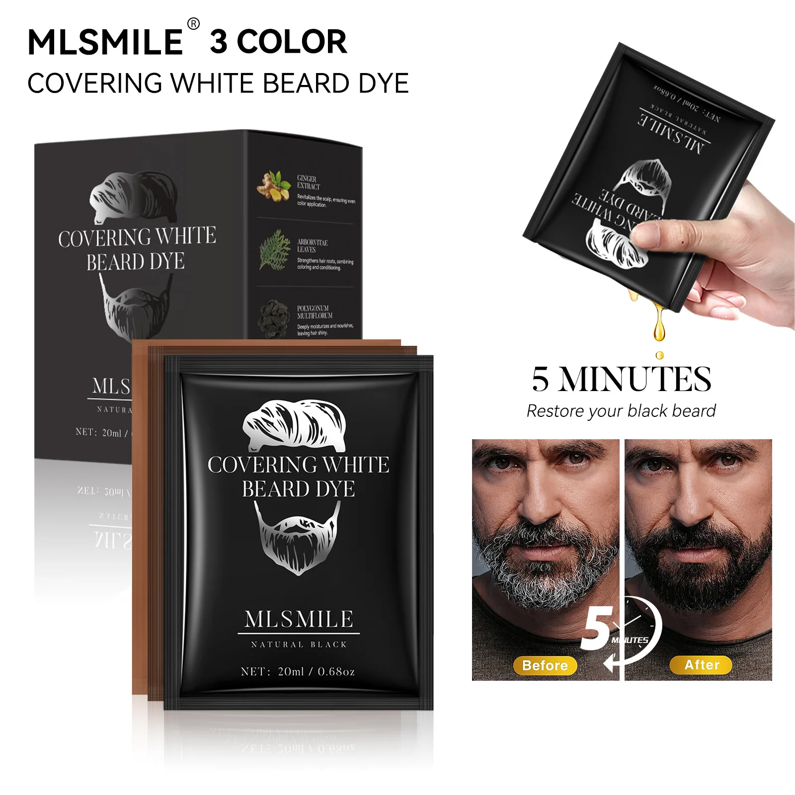 

MLSMILE Men's Beard Dye Hair Dye Hair Dye Bubble Plant Hair Dye Beard White Color Change Quick Color Change Cream