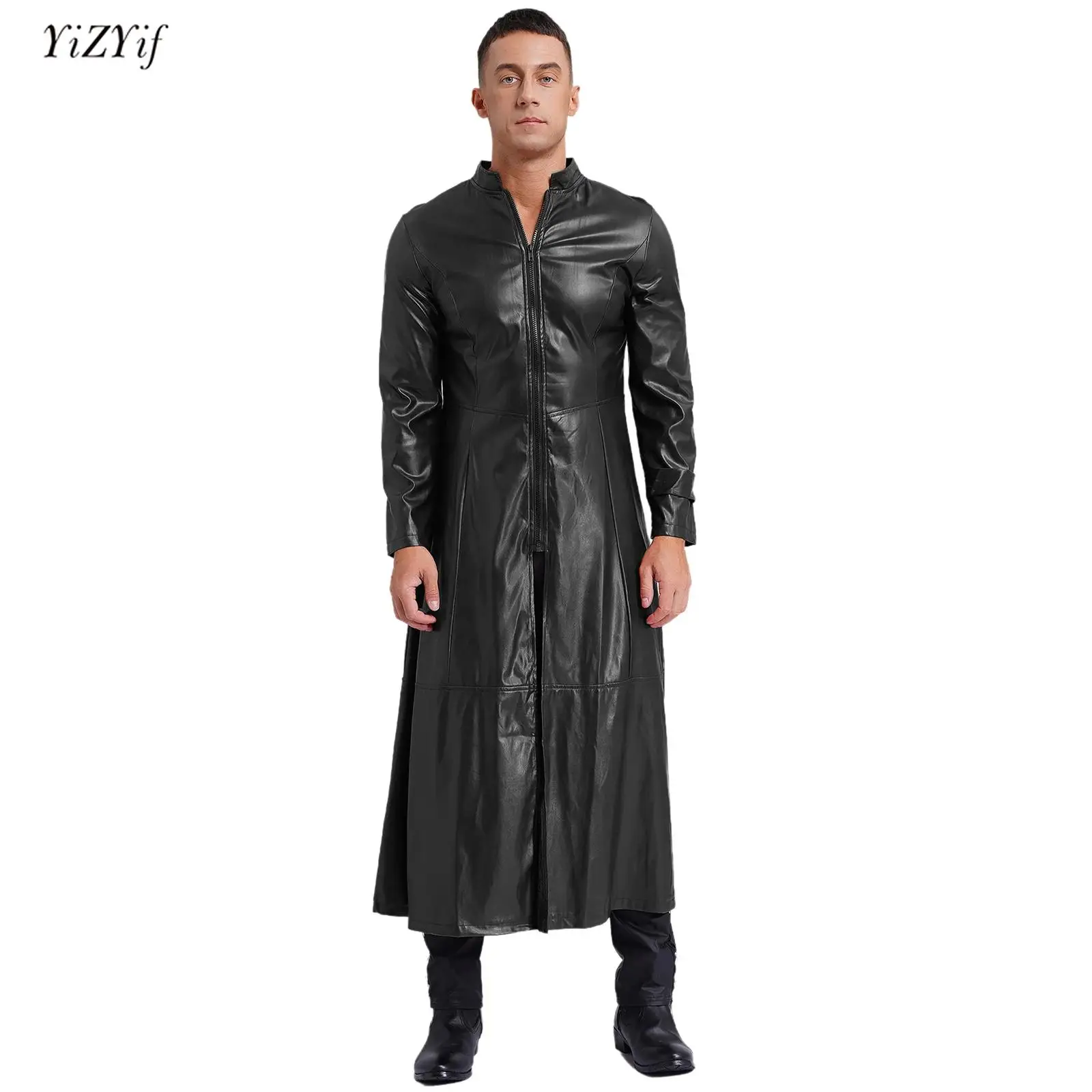 

Mens Steampunk Faux Leather Trench Coat Stand Collar Zipper Long Sleeve Outerwear Windproof Jackets Overcoat Gothic Clothes 2024