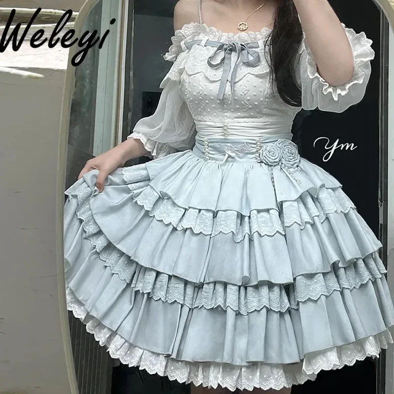 Gentle Lolita Blue Skirt Set for Women 2024 Summer New Sweet Short Sleep Top and Split Three Piece Large Swing JSK Short Skirts