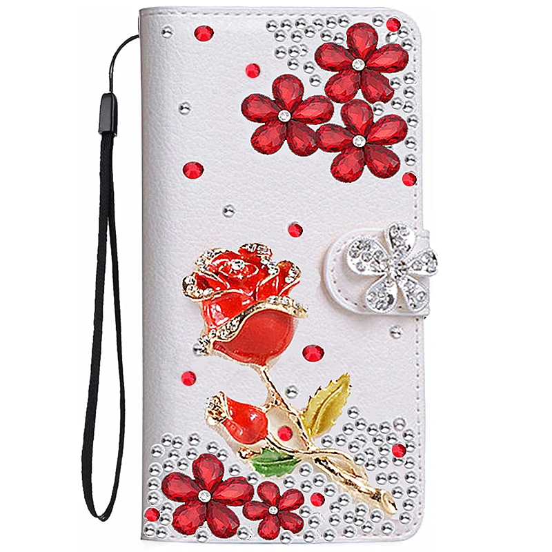 For iPhone 15 14 13 12 11 16 Pro Max Women Rose 7 8 Plus Case Clear Diamond Floral Crown Flip Leather Wallet Card Holder Cover