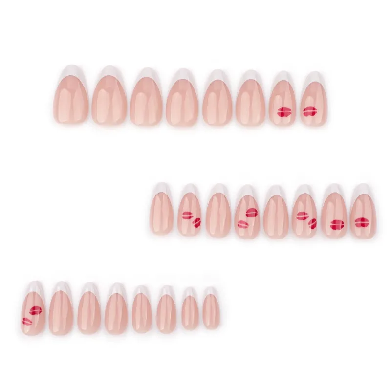 24 Pcs French White Nails Acrylic Press on Full Set Short Almond Presson Nails Romantic Red Lipstick Nail Tips 2024 Fake Nails