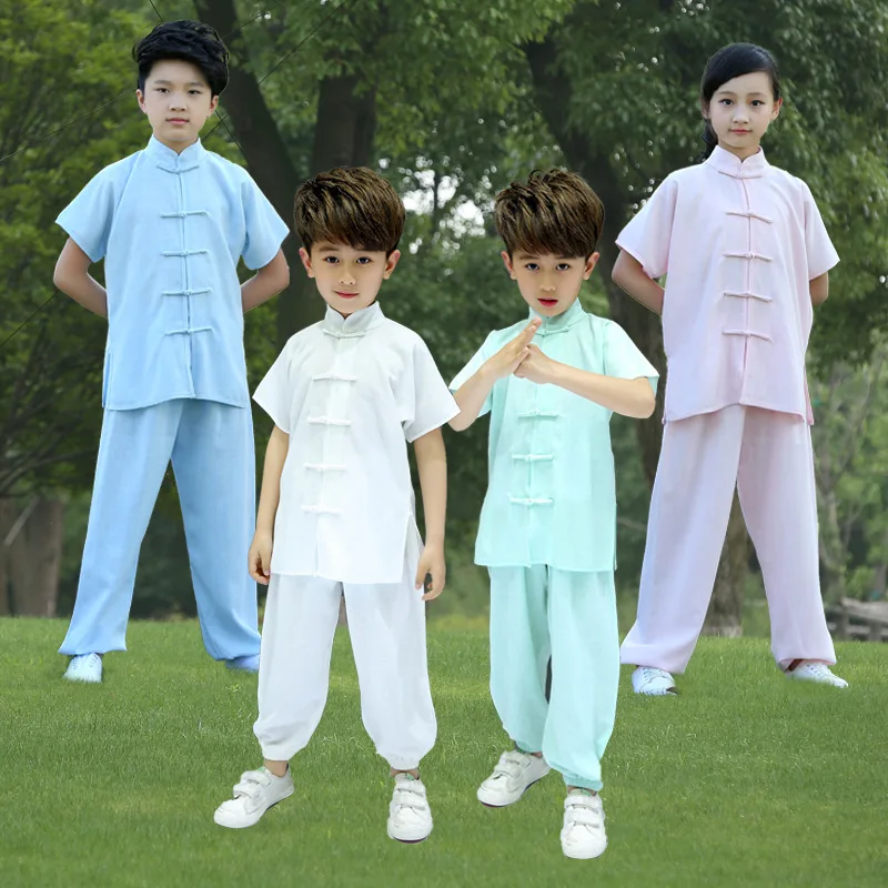 6 colori cinese tradizionale Kung Fu abbigliamento moda Unisex Taichi uniforme bambini adulto arti marziali Wushuset cotone estate solido