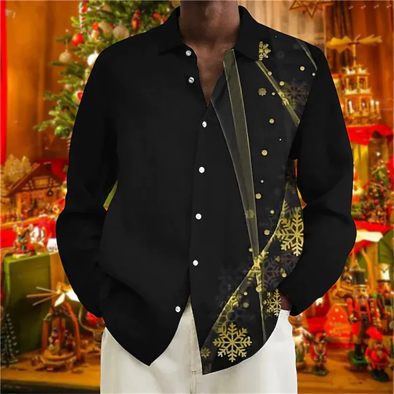 Snowflake Reindeer Pattern Hawaiian Shirts For Men Merry Christmas 3D Printed Blouse Casual Loose Aloha Shirts Long Sleeves Tops