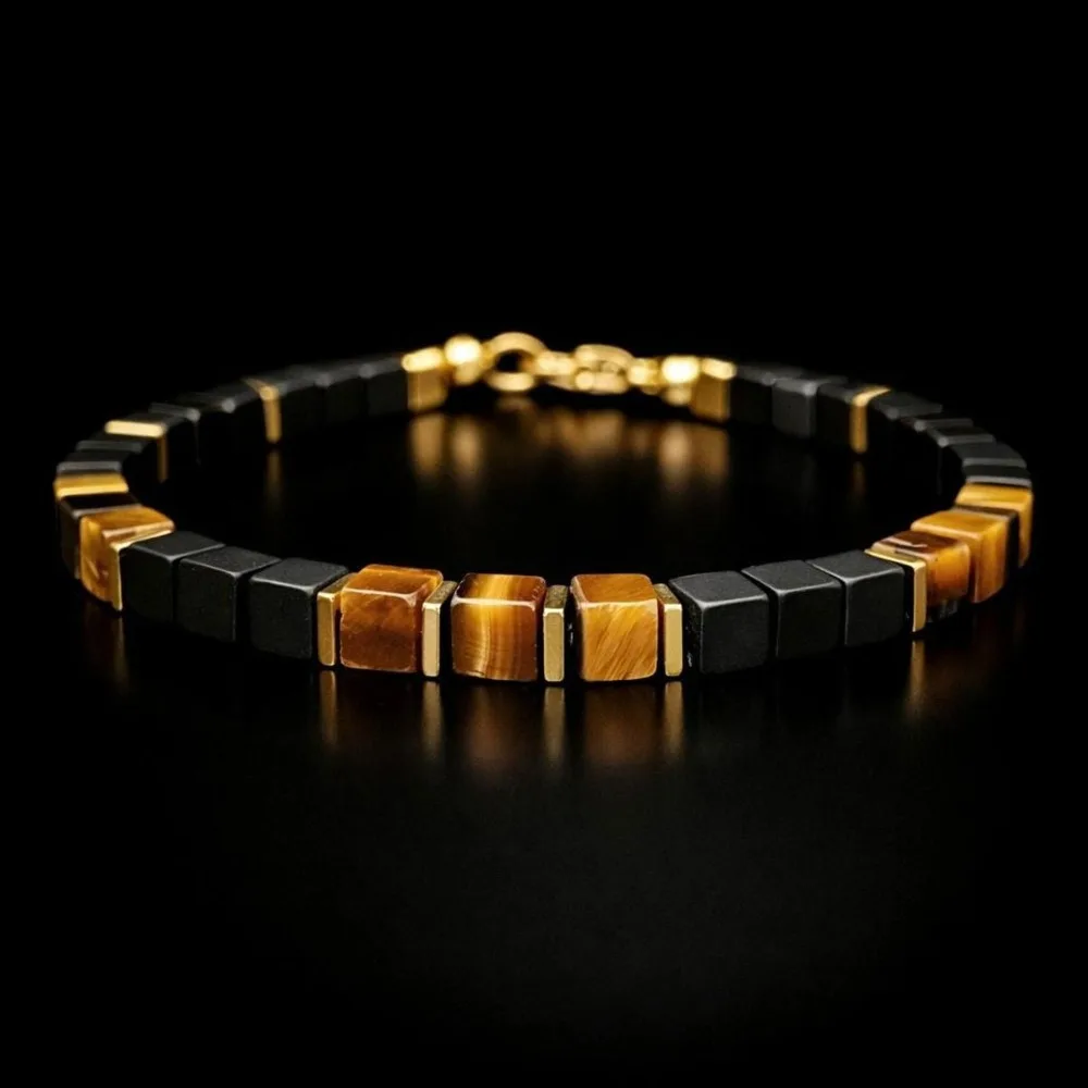 Vintage-style tiger eye and obsidian square bead money bracelet, attracts wealth, abundance, and prosperity, a skin-friendly jewelry suitable for daily wear, the best gift choice for friends