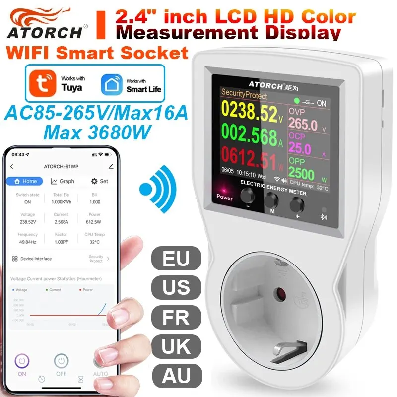 AC85-265V 16A Tuya WIFI Smart Socket Digital Wattmeter EU Plug Electricity Consumption Power Kwh With Switch Power Energy Meter