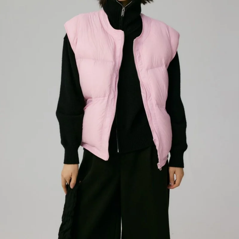 Hochwertige Winter-Weste für Damen mit Rundhalsausschnitt, verdickt, warm, Gänsedaunenweste, modische High-Street-ärmellose Leibchen-Puffy-Weste