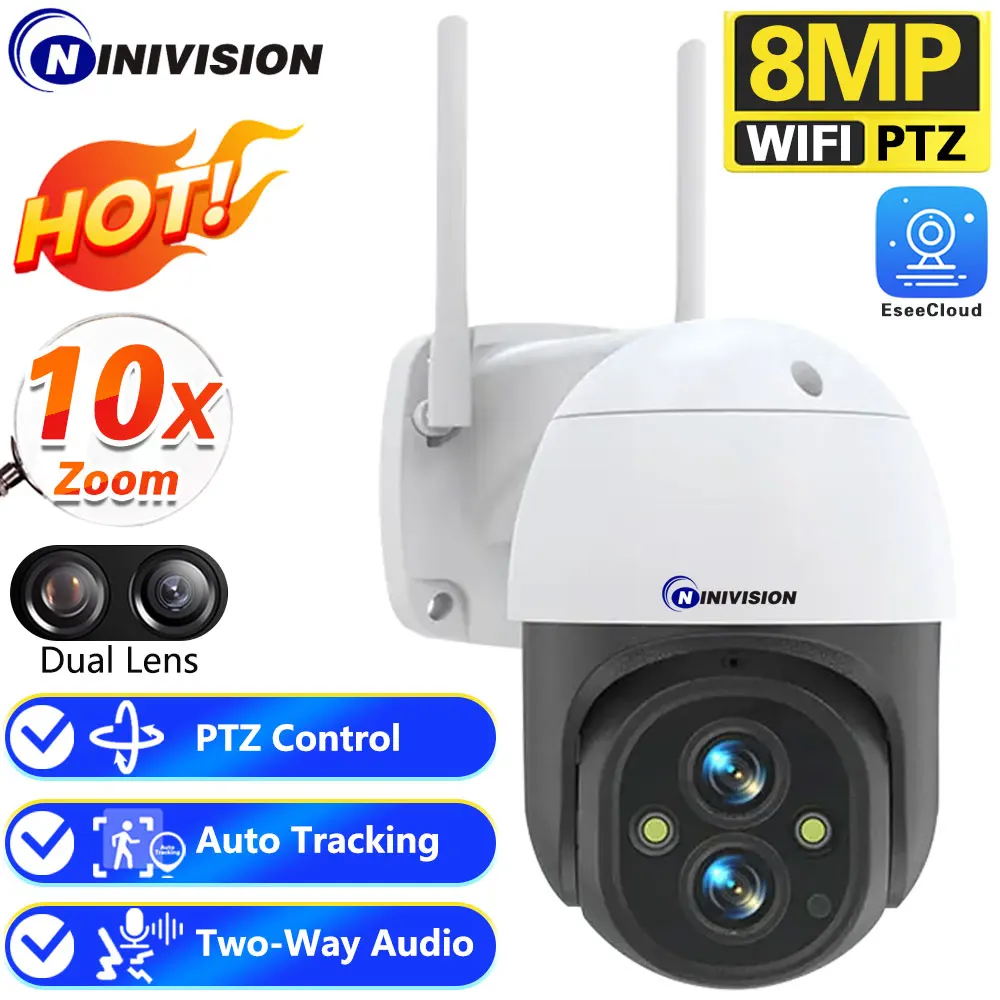 

8MP 4K WiFi IP Camera 10X Zoom 4K Outdoor Security Camera Surveillance AI Track Dual Lens One Screen Mini Street Camera 360° PTZ