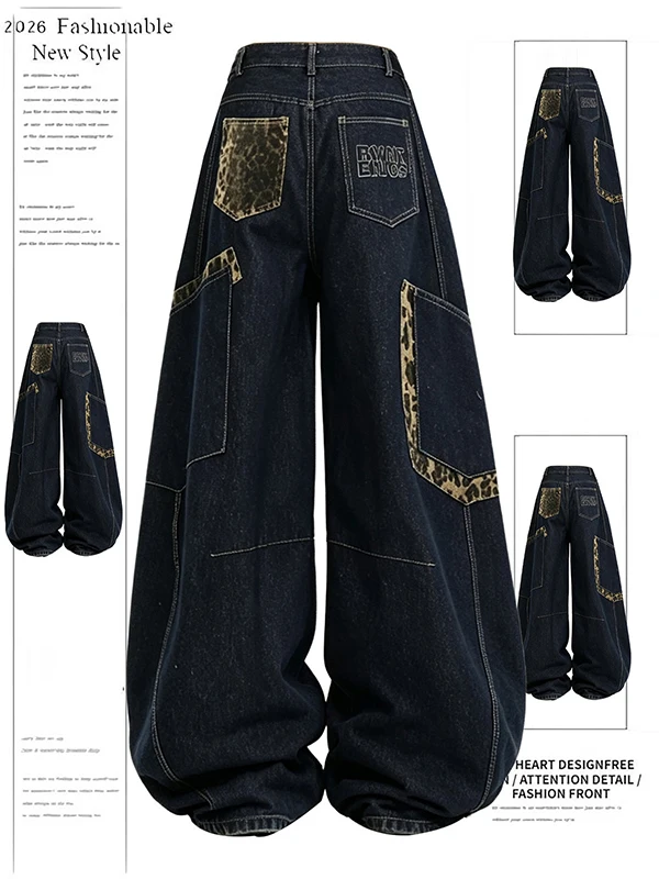 American Retro Leopard Print Patchwork Wide Leg Pocket Workwear Denim Pants Women Loose Fit Casual Trousers Autumn Design