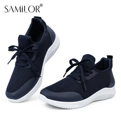 Samilor tênis feminino moda rendas até malha respirável sapatos de caminhada ao ar livre dedo do pé redondo antiderrapante sola grossa tênis mujer