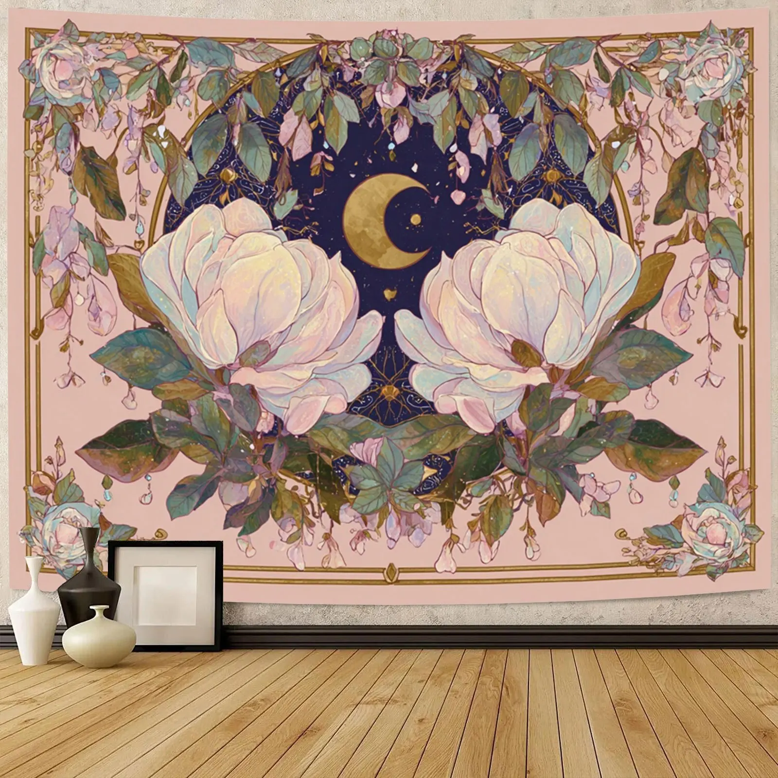 Sun and Moon Tapestry, Vintage Bohemian Wall Hanging, Moon‑Kissed Dual‑Flower Dreamy Floral Tapestry Wall Decor, Suitable for Living Rooms, Game Rooms, Bedrooms, Offices, Home Decor / Room Decor / Party Decor, Wall Decoration, Party Backdrop