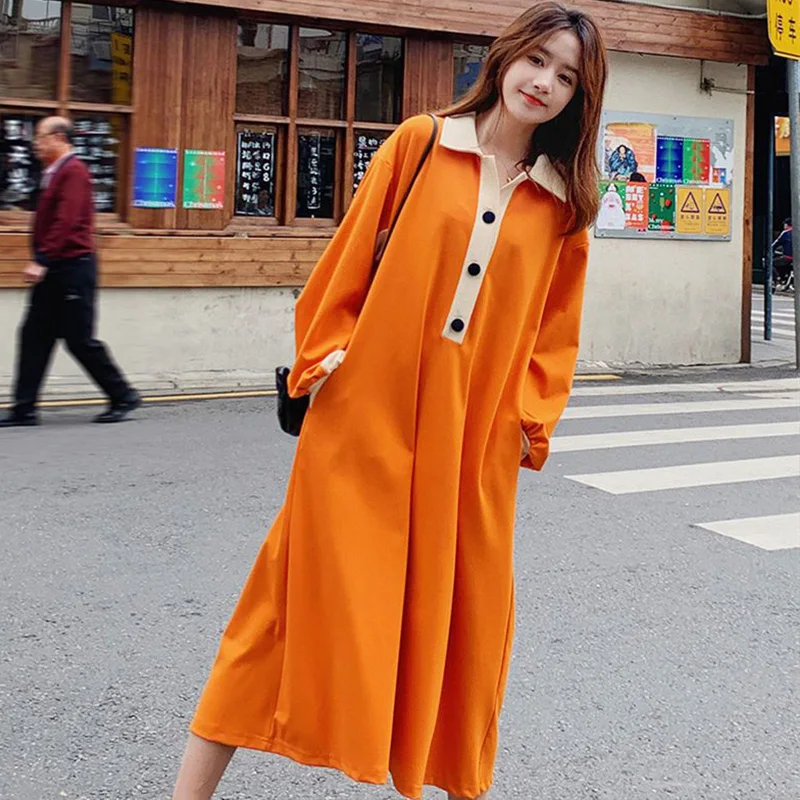 Oversized Autumn New Korean Fashion Patchwork Turn-down Collar Long Sleeve Casual Dresses Femme Simplicity Buttons Loose Dress