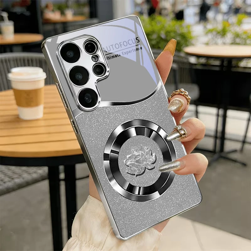 Lotus Grey Texture Electroplat Silver Phone Case For Samsung S24 Ultra S21 S22 FE S23 Plus S20FE S25 S26 Note 10 20 Glass Cover