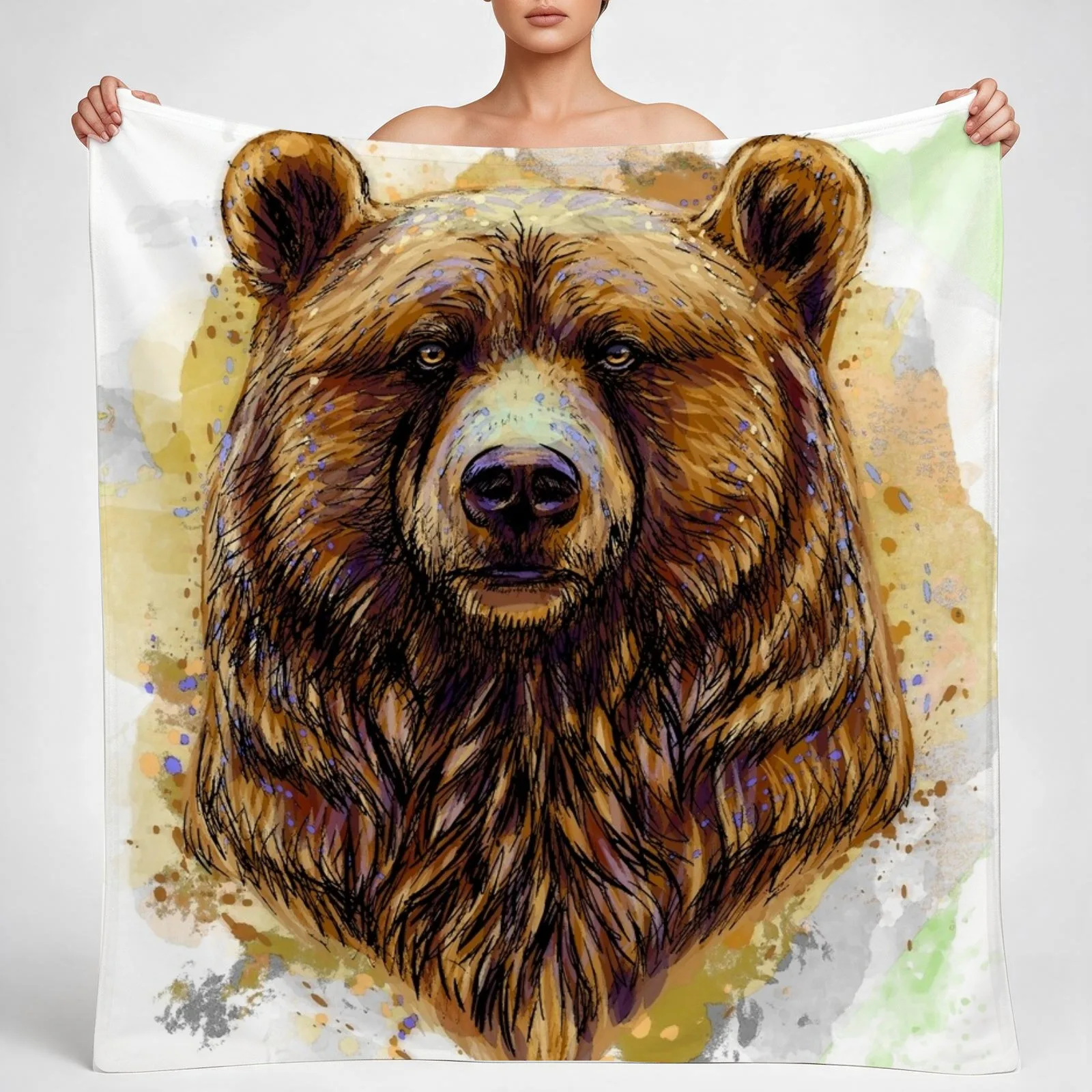 Watercolor Grizzly Bear Throw Blanket couch cozy soft plush fuzzy picnic outdoor blanket