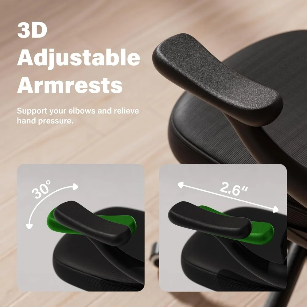 كرسي مكتب مريح من GYI، كرسي مكتب شبكي مع دعم قطني قابل للتعديل وأذرع قابلة للطي ثلاثية الأبعاد، كرسي كمبيوتر بعجلات، أسود #4