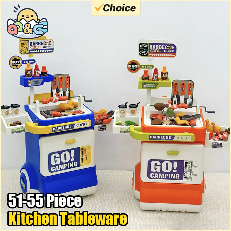 Children's Kitchen Play Set Barbecue Trolley Tableware Bbq Miniature Things Food Candy Suitcase Role-Playing Toys for Girls Kids
