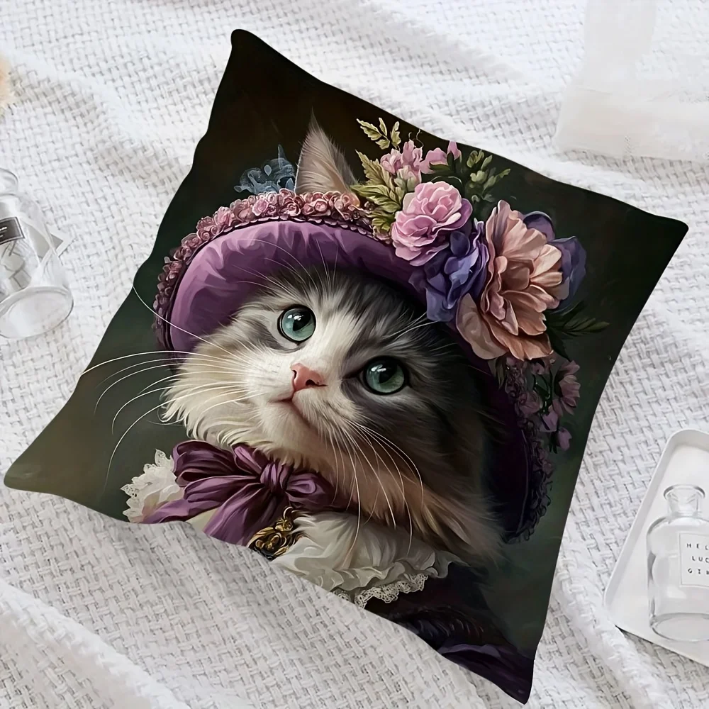 2D flat- Vintage Victorian Floral Cat Throw Pillow Cover Elegant Noble Kitten Cushion Case for Home Sofa Bedroom Decor