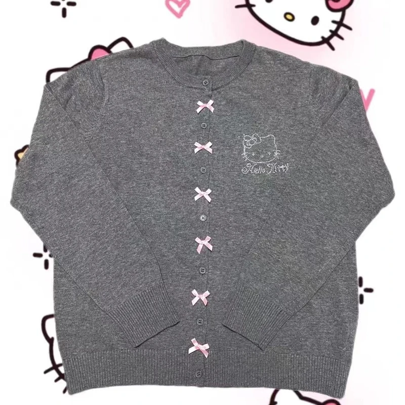 Sanrios Hello Kitty Cardigan Sweater Sweet Bow Cartoon Kawaii Sweet Girl Spring Autumn Cute Style Long-Sleeved Knitted Cardigan