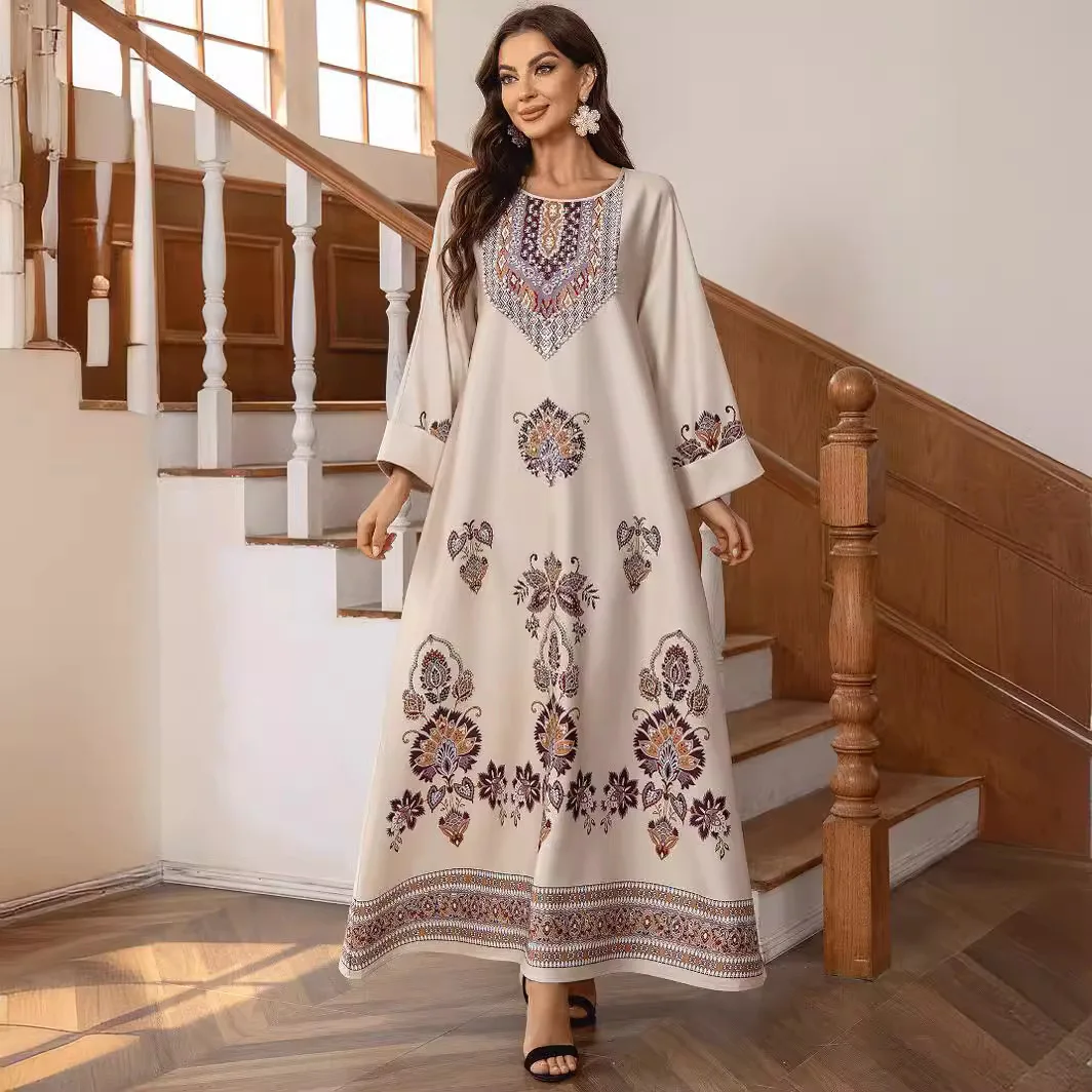 ZD027 Muslim Dress Round Neck Printed Hot Diamond Nail Bead Loose A-line Robe