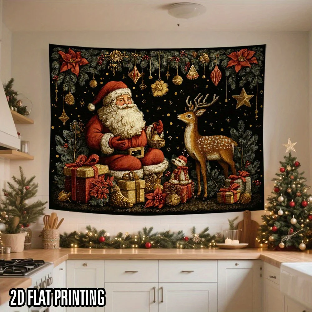 2D Flat,1pc Printed Tapestry, Vintage Santa and Deer Christmas Gift Pattern, Wall Decor, for Living Room,Bedroom