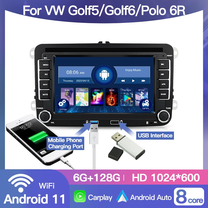 7 Inch Car Radio Multimedia Player For VW Volkswagen Golf 5 6/Polo 6R Android 11 Carplay GPS BT Head Unit Wifi DSP 2 Din Video