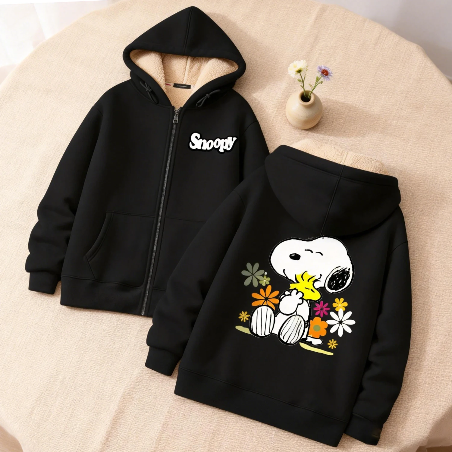 

Snoopy Black Zip Hoodie Adult Kawaii Cartoon Sweatshirt Man Woman Clothing Fleece Coat Anime Winter Warm Clothes Cardigan Gift