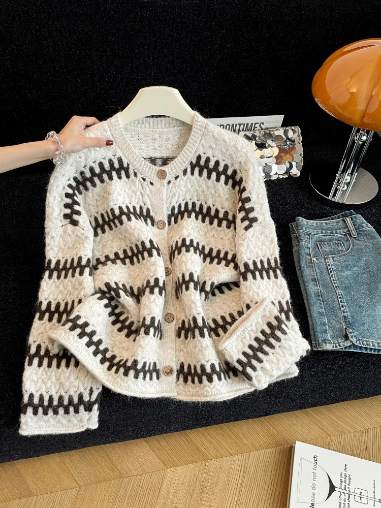 

Женский полосатый кардиган с круглым вырезом, свитер в корейском стиле, винтажный уютный кашемировый свитер 2000-х годов с длинными рукавами для женщин, весенняя одежда