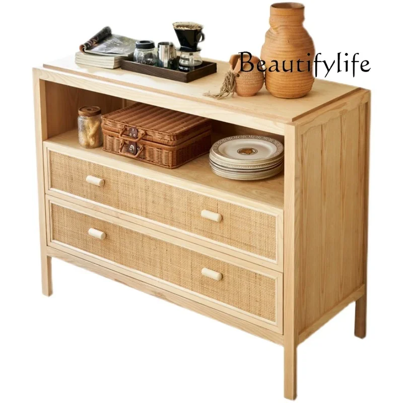 

Multi-Functional Sideboard Cabinet with Drawer Modern Minimalist Living Room Wall Solid Wood Rattan Small Locker