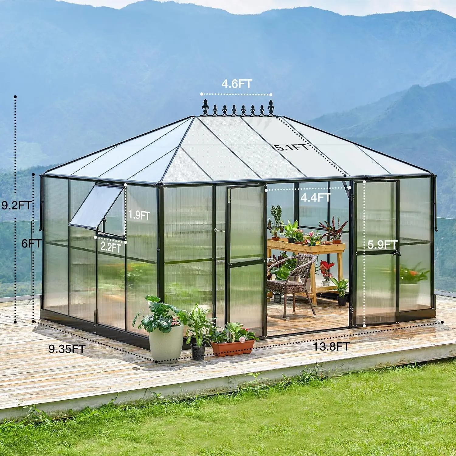 14x9.5x9 FT Polycarbonate Greenhouse with Quick-Connect Assembly, Customized
