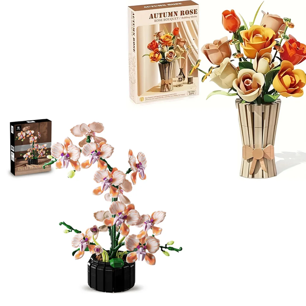 Bloembouwsteenset met vaas Zonnebloemrozen Orchidee Paars Kunstboeket Baksteen voor vrouwen Meisje Volwassen kerstcadeaus
