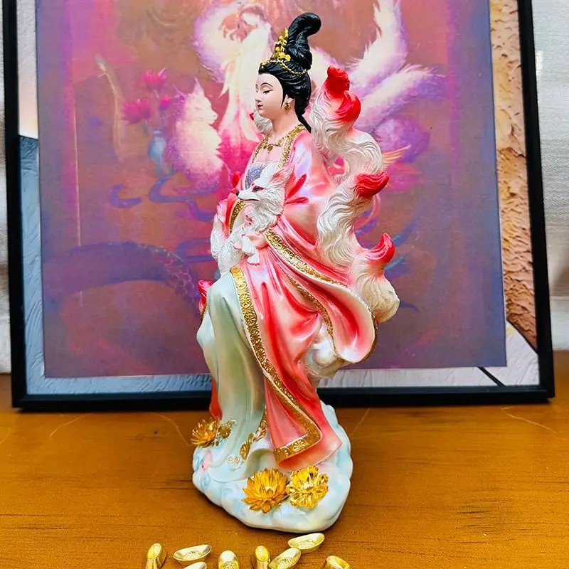 Nine-Tailed Fox Goddess Figurine, Hall Deity Statue, Living Room Auspicious Decoration, New Chinese Style Handmade Painted