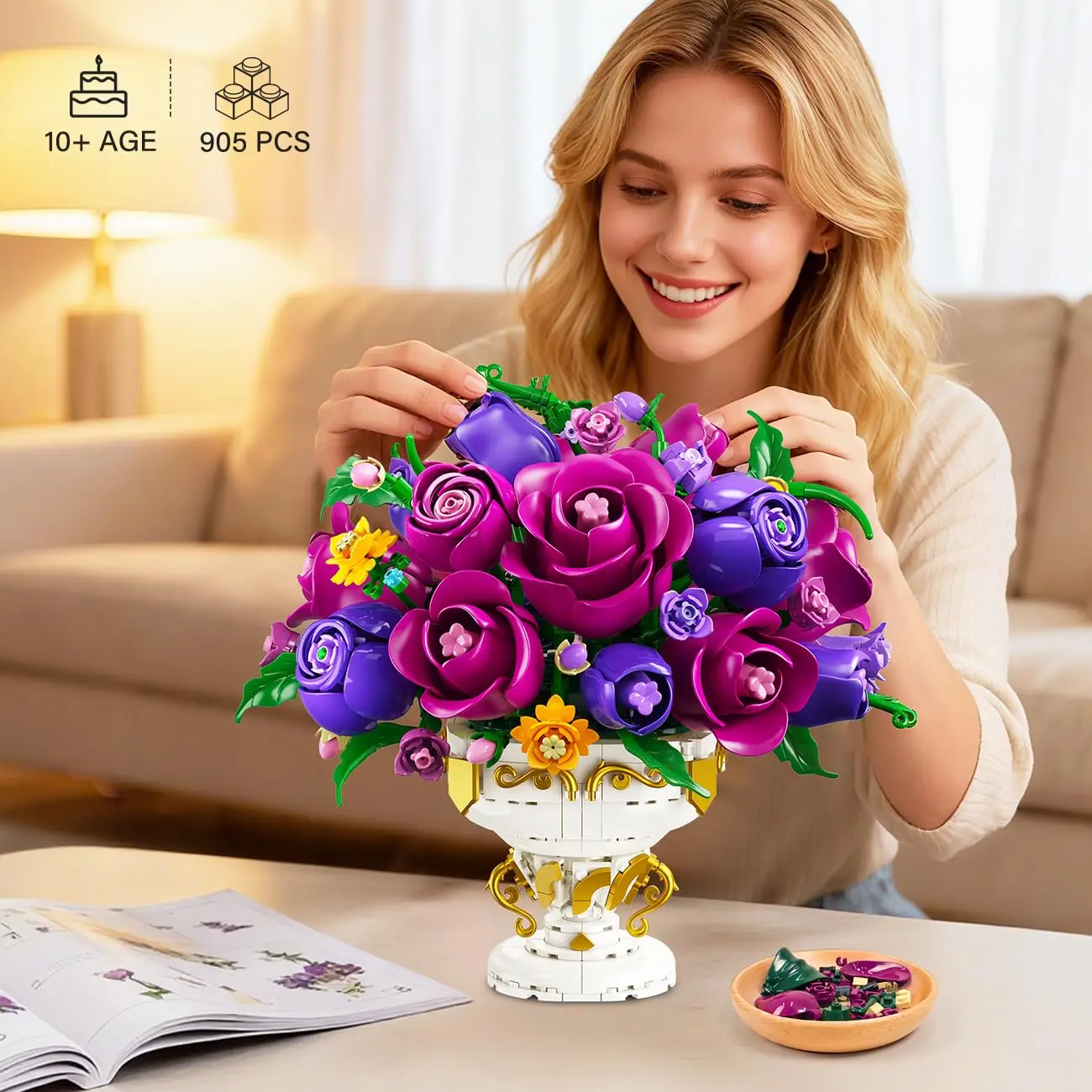 

Purple Rose Flower Building Set with Vase-Botanicals Bouquet 18 Rose Bonsai Plant Collection Block Home Decor Gift for Adult Kid